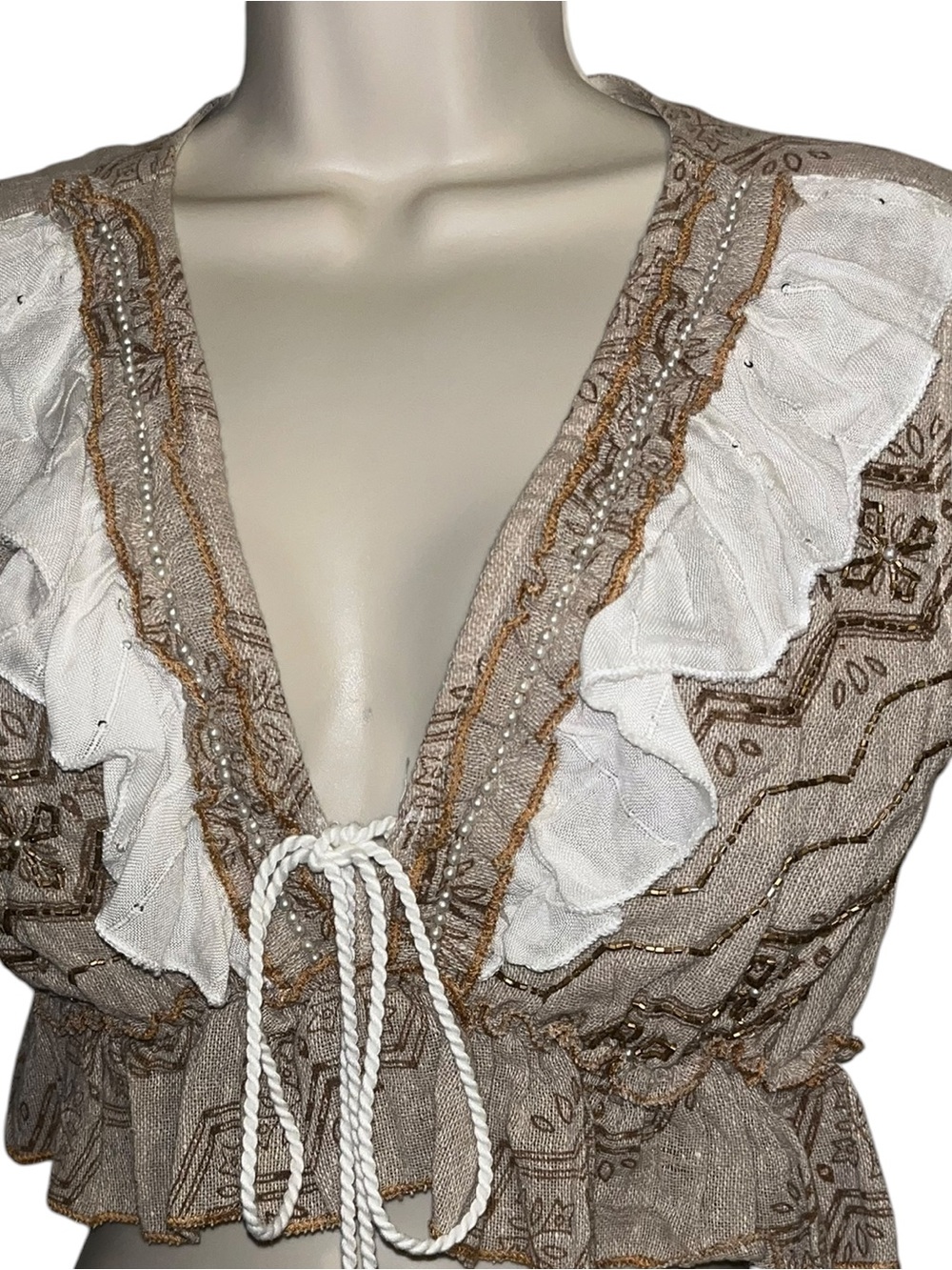 Papa Pia OS Taupe & White Ruffle Tie-Front Crop Top - Picture 5 of 9